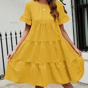 Solid Flounce Sleeve Smock Dress.